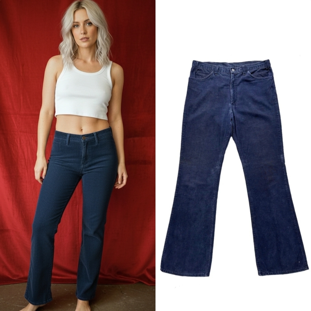 Vtg 70s navy blue slim fit wrangler boot cut corduroy pants 6/8 UNISEX NWOT